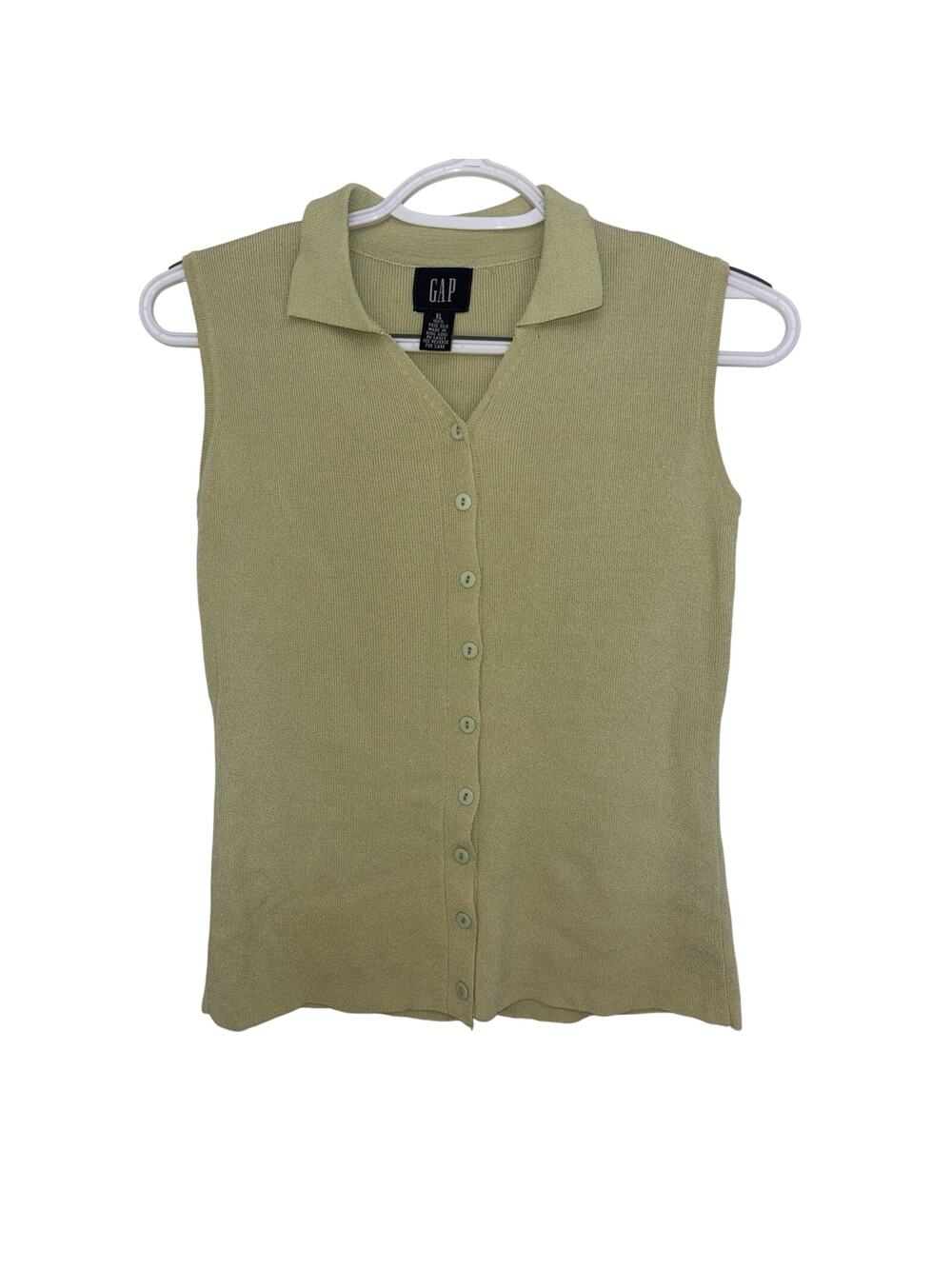 90s Gap 100% Silk Green Sleeveless Button Collared Tank M Minimal Preppy Vintage